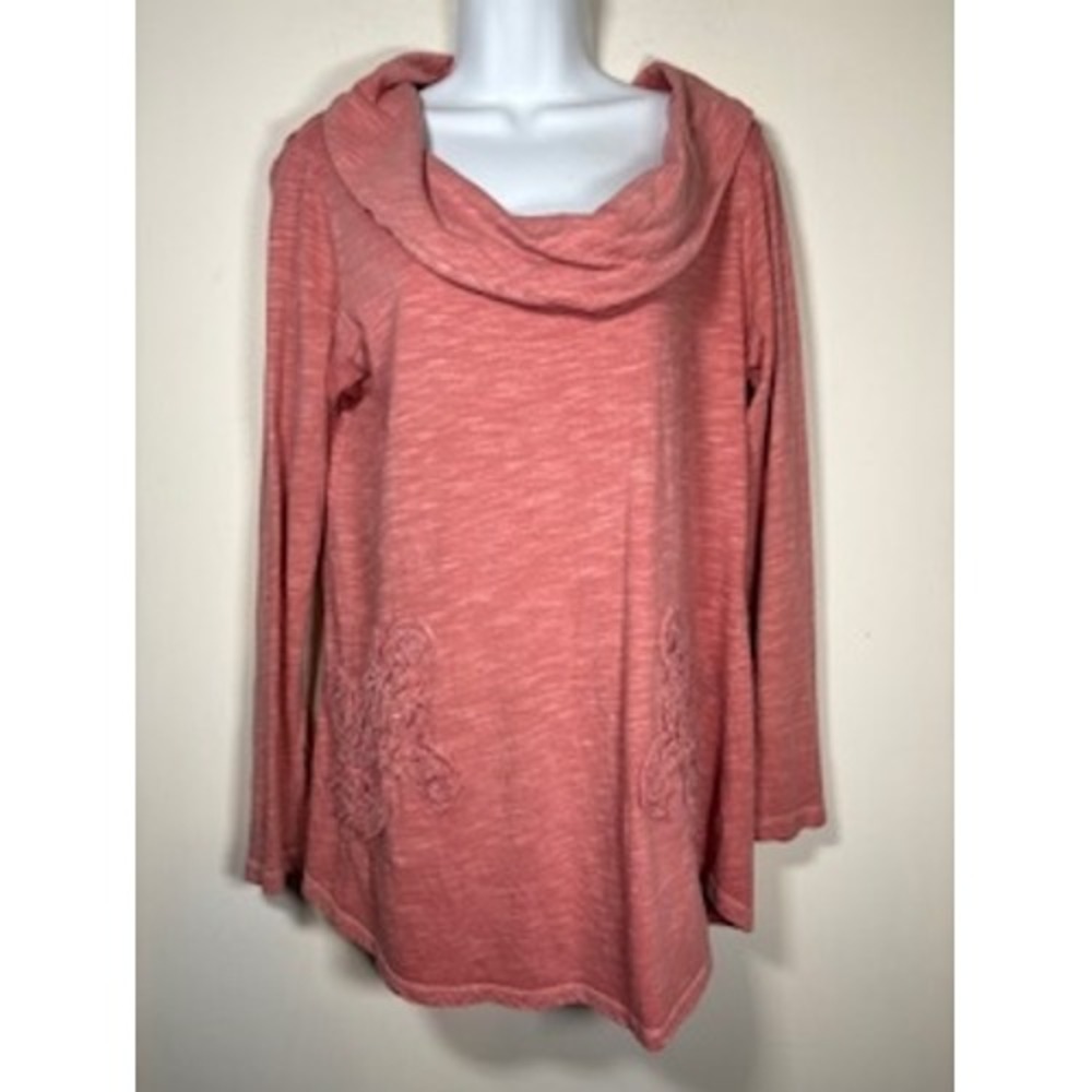 Soft Surroundings Top Medium Pink Cowl Neck Slub Knit Floral Embroidery Boho